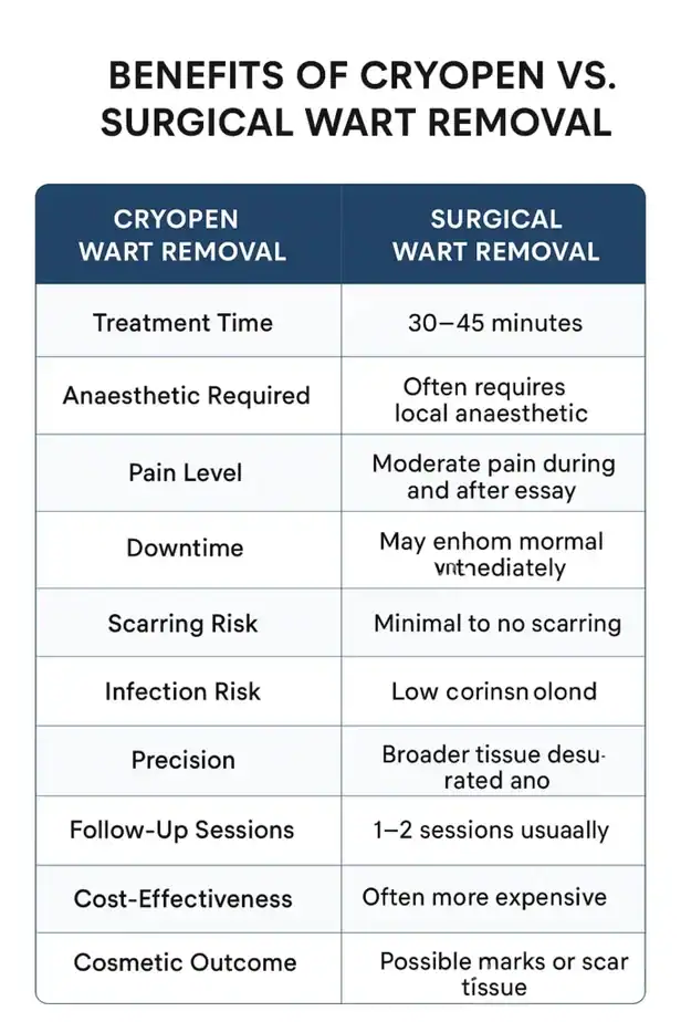 Table showing the benefits of cryopen to remove warts Yeading compared to surgical treatment